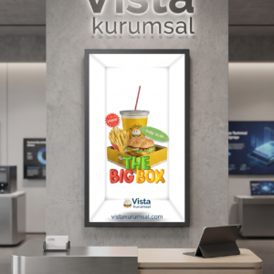 Vista kurumsal tarafından sunulan, dikey monte edilmiş Samsung Spatial Signage mekansal ekranı, 'The Big Box' 3D burger menüsünü gösteren kurumsal bir resepsiyon showroom sahnesi