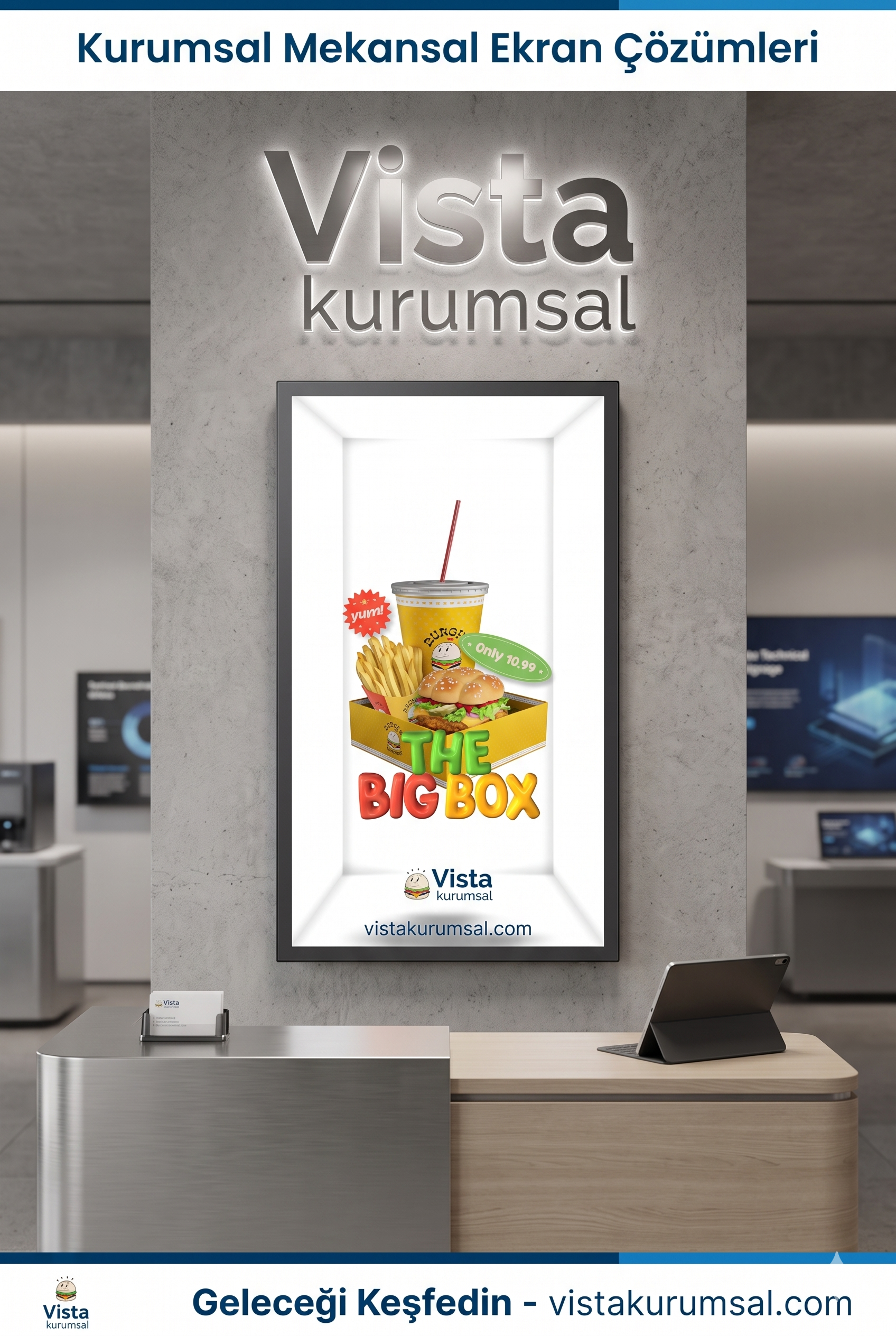 Vista kurumsal tarafından sunulan, dikey monte edilmiş Samsung Spatial Signage mekansal ekranı, 'The Big Box' 3D burger menüsünü gösteren kurumsal bir resepsiyon showroom sahnesi