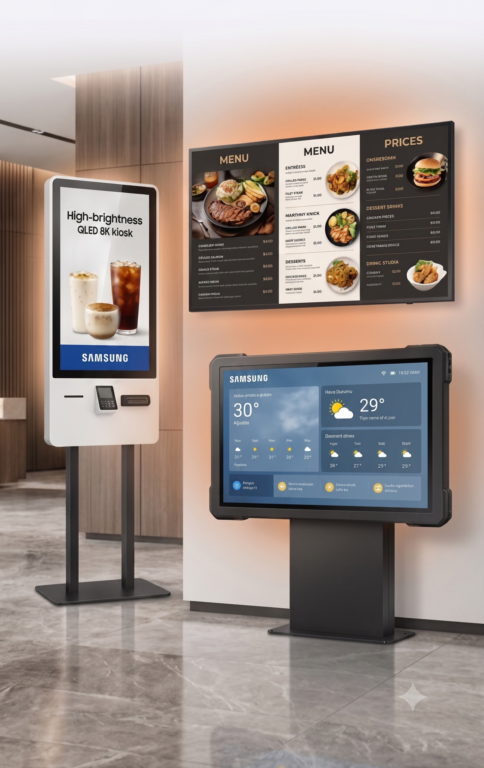 Vista Kurumsal endüstriyel ekran, QLED Kiosk ve dijital menü panosu çözümleri sergilenen şık lobi ortamı.