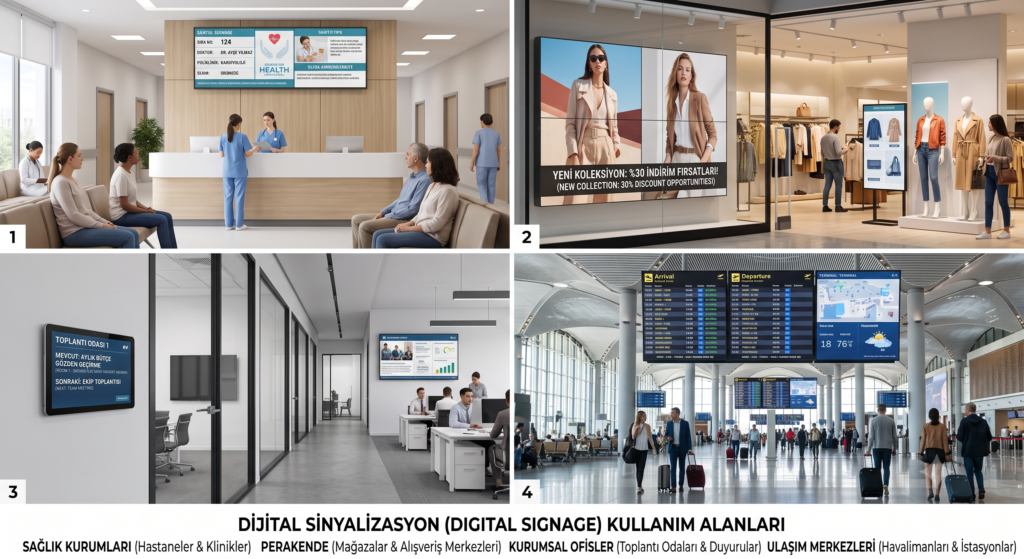 Sağlık kurumları, perakende mağazaları, kurumsal ofisler ve havalimanları gibi farklı sektörlerdeki digital signage (dijital bilgilendirme ekranı) kullanım alanlarını gösteren dörtlü kolaj görseli.