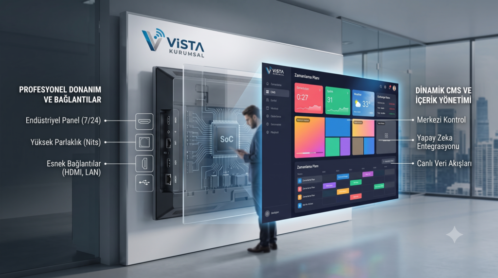 Mavi ve beyaz tonlarında tasarlanmış, üzerinde Vista Kurumsal logosu yer alan, bulut tabanlı profesyonel digital signage yazılımı (CMS) içerik yönetim arayüzü ve ekran bölme paneli.