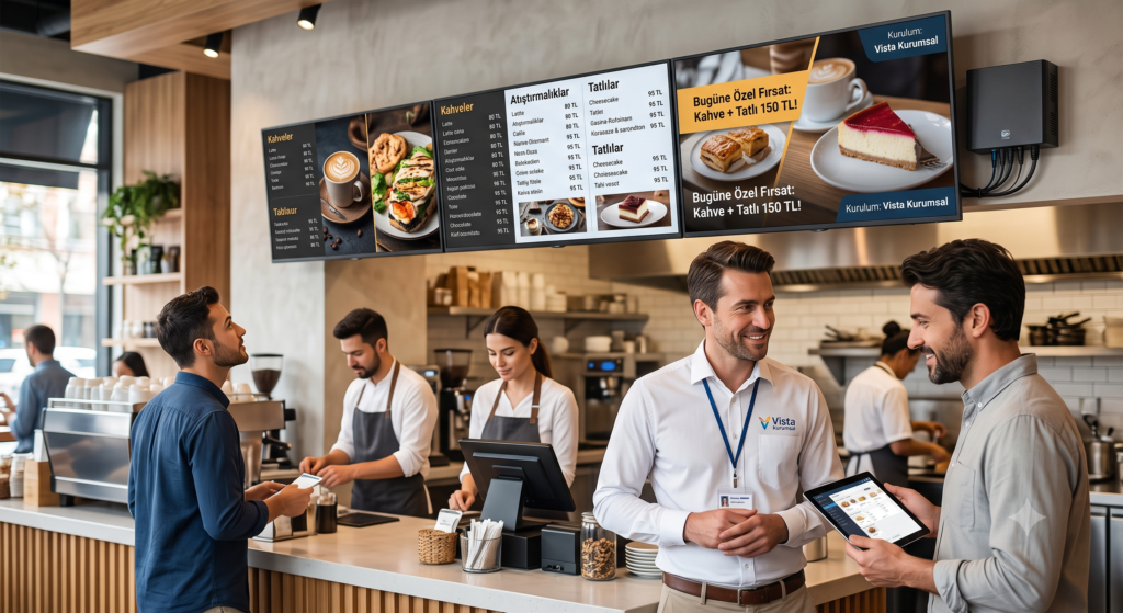 Vista Kurumsal uzmanı tarafından kurulan modern kafe dijital menü board sistemleri ve işletme sahibi ile etkileşim