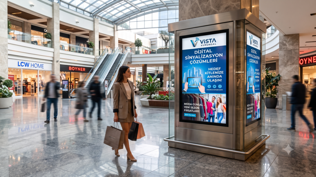 Geniş, modern ve çok katlı bir alışveriş merkezinin atriumunda, paslanmaz çelikten yapılmış çift taraflı dijital totem reklam panosu. Ekran, Vista Kurumsal markasının logosunu, 'DİJİTAL SİNYALİZASYON ÇÖZÜMLERİ' ve 'HEDEF KİTLENİZE ANINDA ULAŞIN!' metinlerini, şirket web sitesi URL'sini ve modern şehir silüeti ile alışveriş yapan çiftlerin resimlerini gösteriyor. Arka planda LCW HOME ve BOYNER mağazaları ile alışveriş torbaları taşıyan insanlar görülüyor.