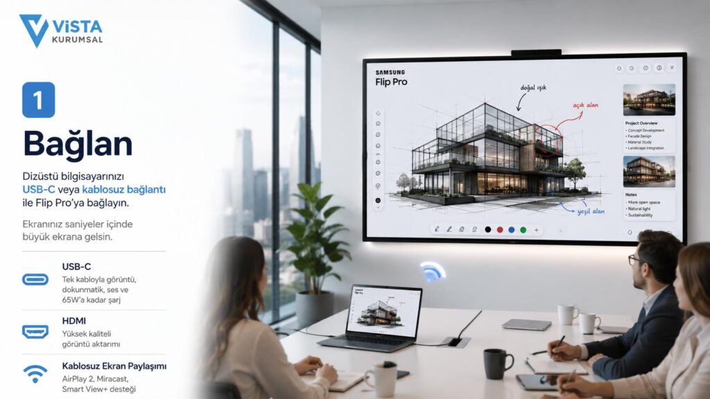 Samsung Flip Pro akıllı tahta USB-C ve kablosuz bilgisayar bağlantısı