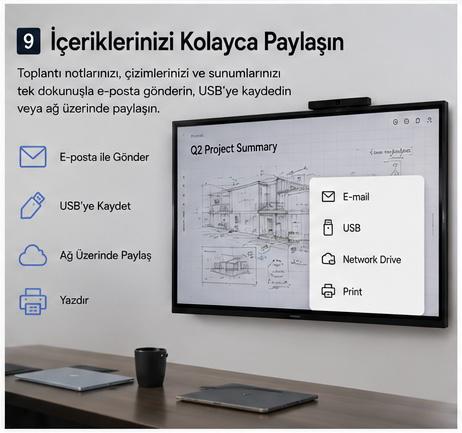 Samsung Flip Pro toplantı içeriklerini e-posta ve USB ile paylaşma